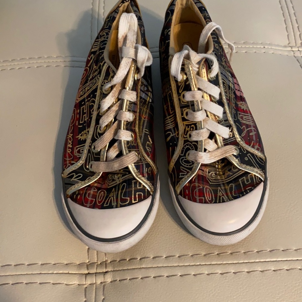Coach size 8 sneakers, plaid print w gold accents
